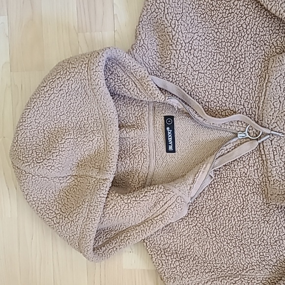 BLANK NYC Faux Sherpa Shearling 1/4 Zip Hoodie Teddy Tan Size S - Picture 3 of 10
